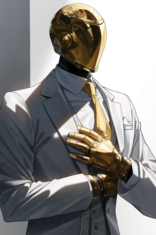 Golden humanoid robot in a light gray suit and yellow tie, hands placed over its chest.
