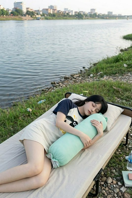 Woman relaxing on a cushioned lounge bed by a riverbank, hugging a light-blue pillow.