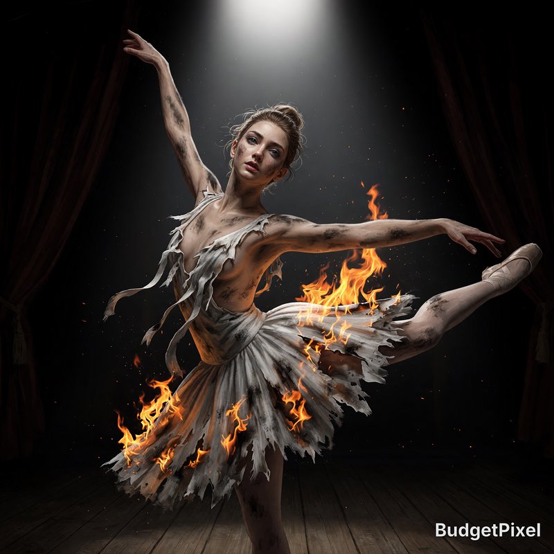 Ballet dancer in a tattered white dress performing on stage with flames along the skirt.