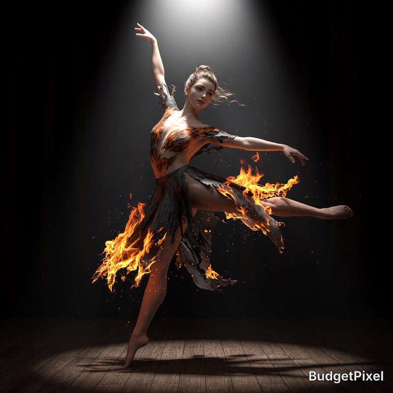 Female dancer in a fiery dress performing an arabesque under spotlight on stage.