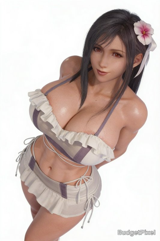 3D render of Final Fantasy's Tifa Lockhart in a ruffled summer bikini, with a pink hibiscus hair ...