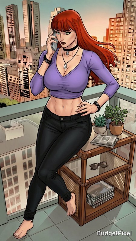 Comic style illustration of a fit red-haired woman talking on a smartphone while seated on a high...