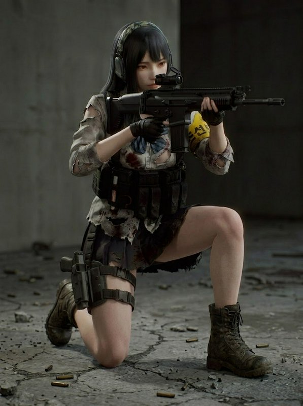 Tactical anime female character kneels aiming a scoped assault rifle in a damaged concrete interior