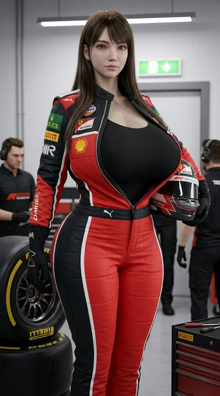 Photorealistic 3D render of female F1 driver in red racing suit holding helmet inside a team pit ...