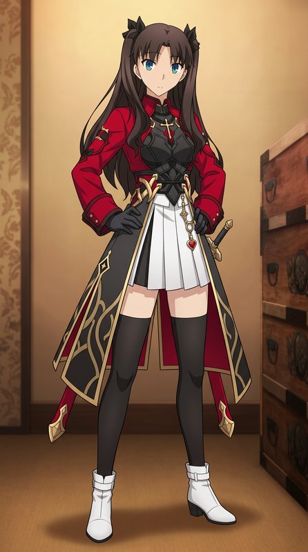 Anime illustration of Rin Tohsaka standing with hands on hips, wearing an ornate fantasy combat u...
