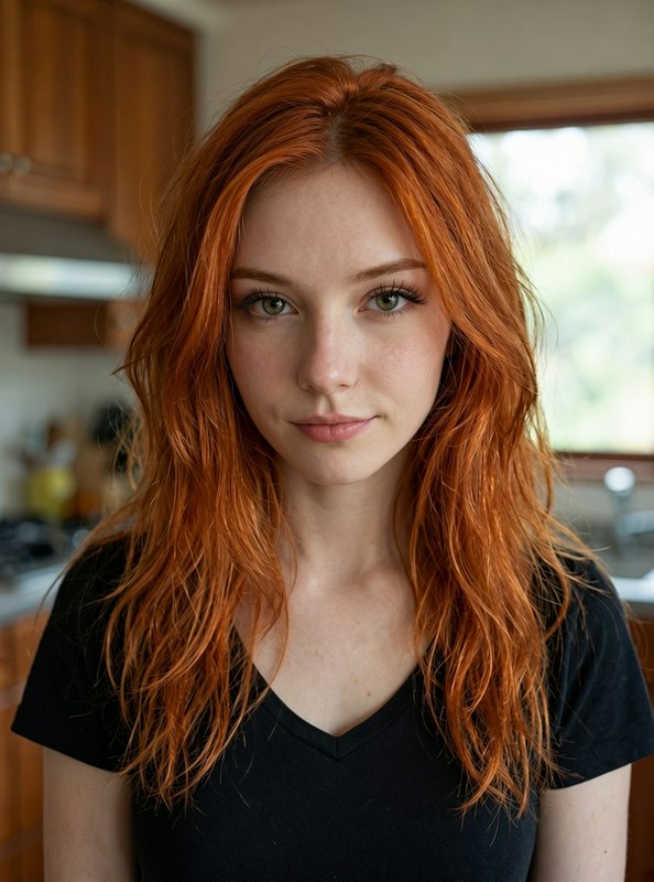 Close-up portrait of a young woman with long wavy bright red hair, looking directly at the camera...
