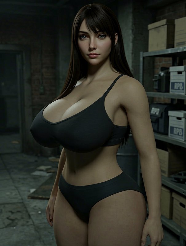 Hyperrealistic 3D render of a curvy woman with long dark hair in black athletic underwear standin...