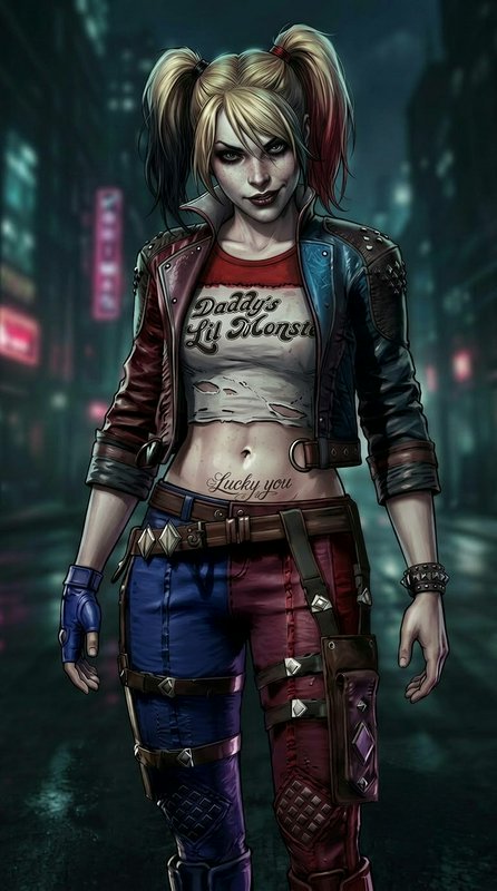 Stylized comic illustration of Harley Quinn standing on a neon-lit rainy Gotham street at night