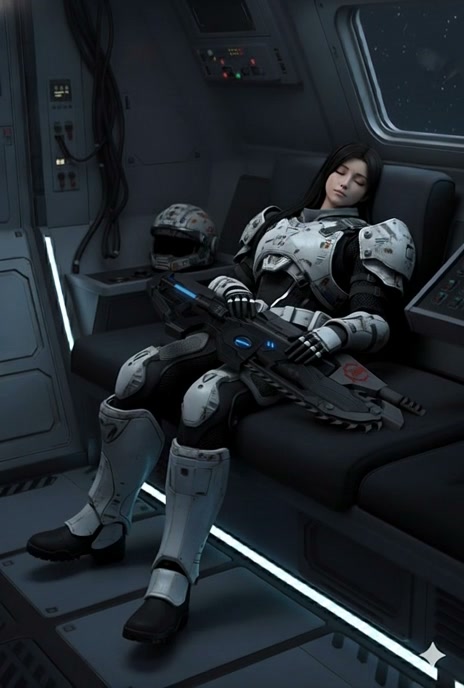 Futuristic armored astronaut asleep on a spaceship couch with helmet beside.