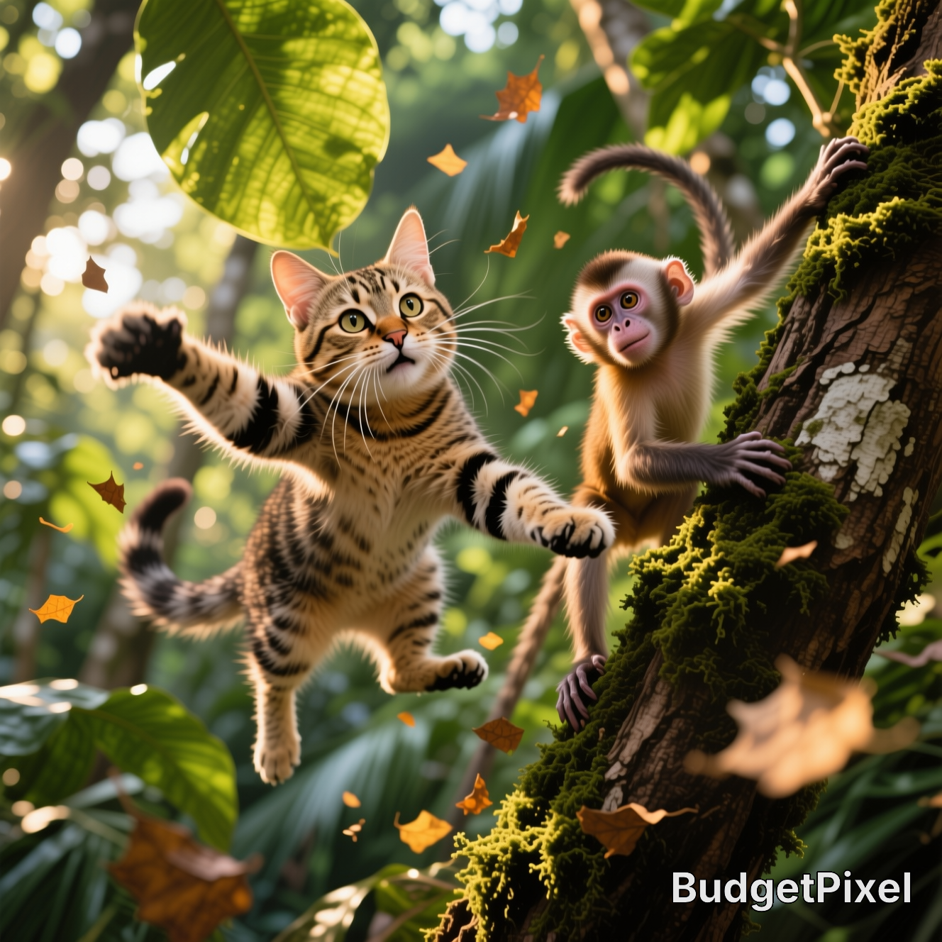 A striped kitten leaps through a sunlit forest with falling leaves.