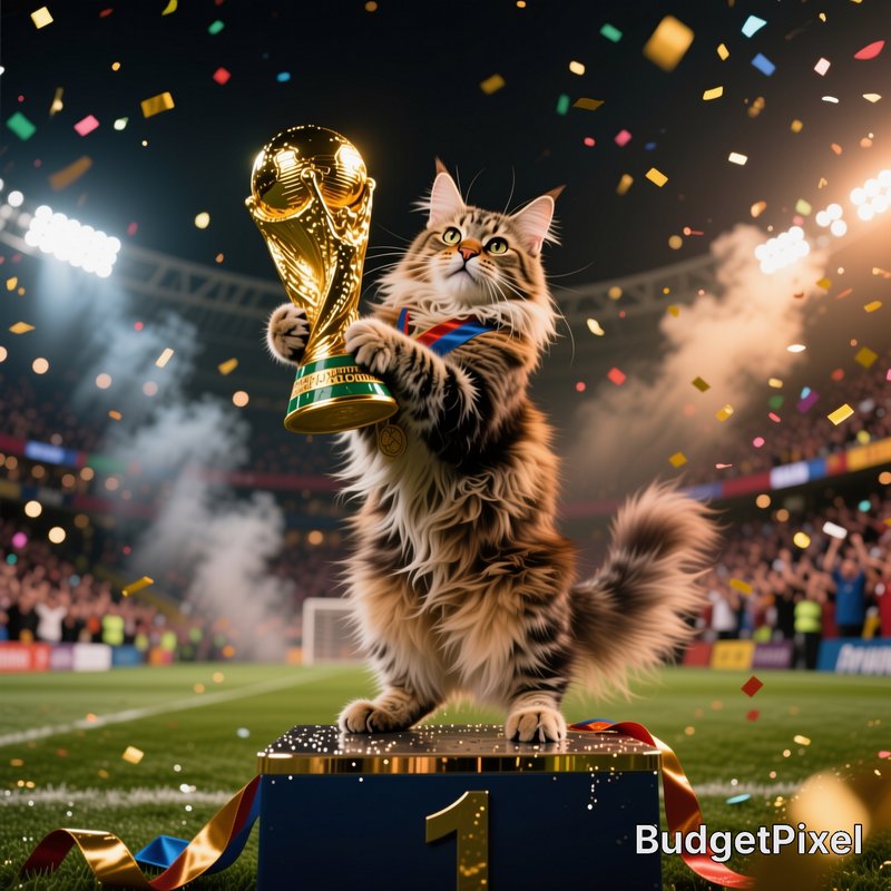 A Maine Coon cat on a podium holding a golden trophy amid stadium confetti.