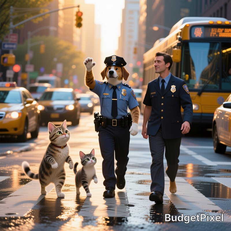 Police officer in uniform walks with a K-9 dog and two cats across a busy city crosswalk at sunset.