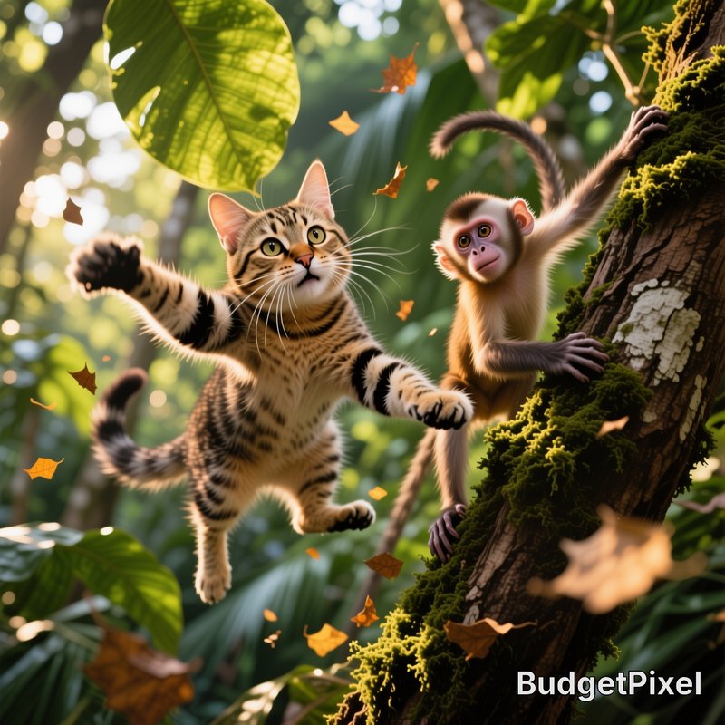 A striped kitten leaps through a sunlit forest with falling leaves.
