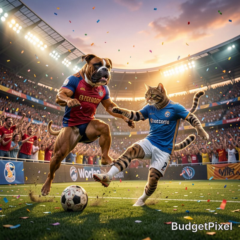 Bulldog in red jersey and cat in blue kit battle for a soccer ball on a packed stadium field.