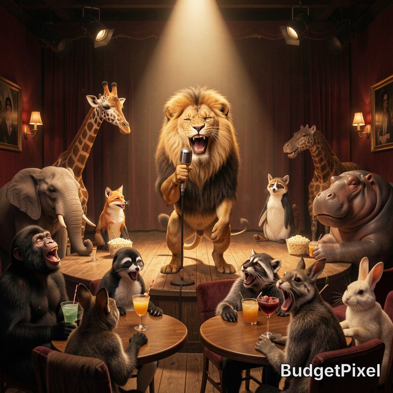 Anthropomorphic lion performs standup comedy with a microphone on a comedy club stage, entertaini...