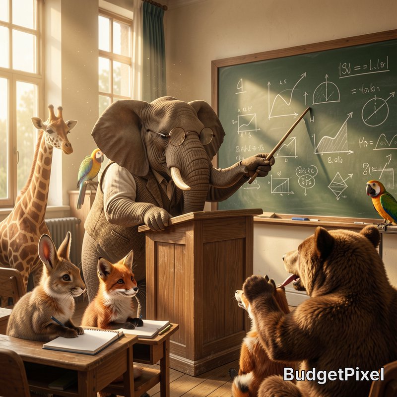 Anthropomorphic elephant professor leads a math lesson for wild animal students in a cozy sunlit ...
