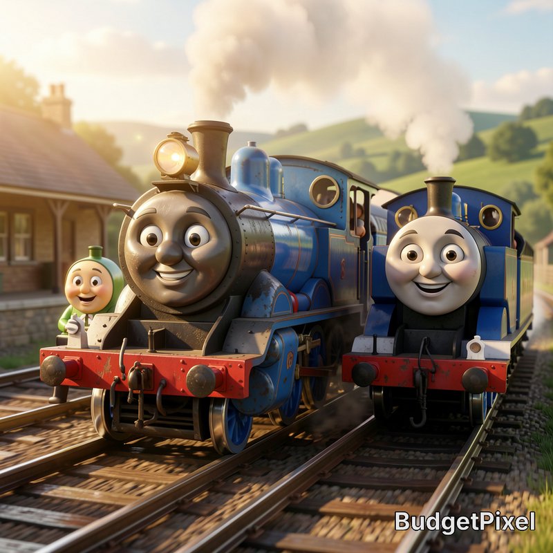 Two anthropomorphic blue steam trains, including a Thomas the Tank Engine style locomotive, and a...