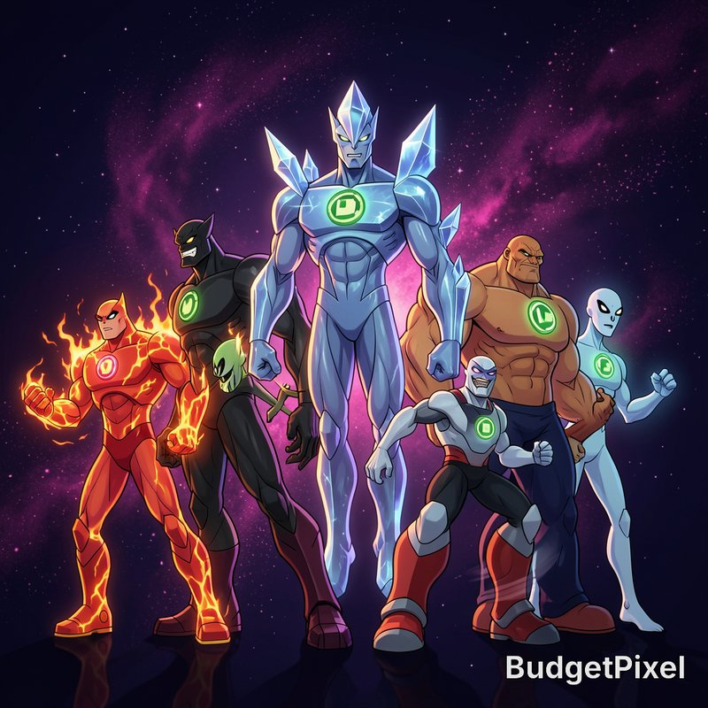Diverse squad of powered alien superheroes with glowing chest emblems posed heroically against a ...