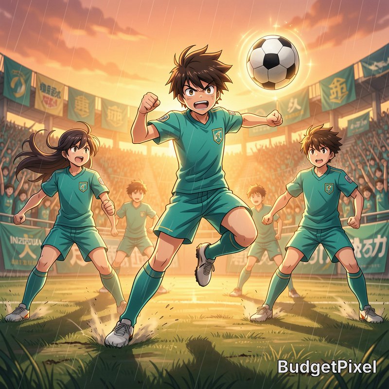 Anime youth soccer team celebrates mid-match as a glowing soccer ball hovers near them on a rainy...