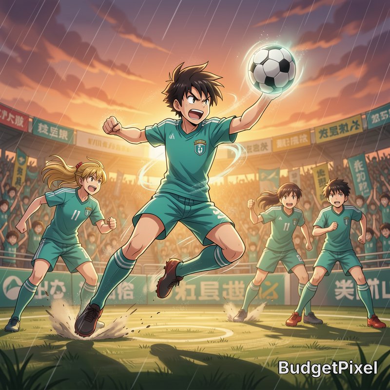 Anime soccer team celebrates on rainy stadium pitch at sunset, lead player holds glowing soccer b...
