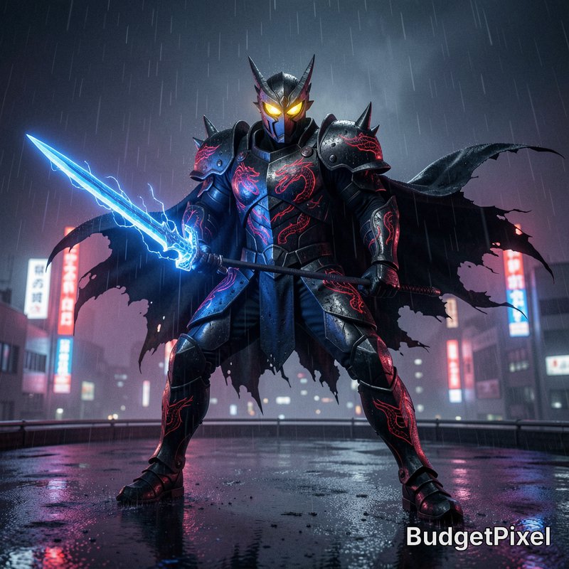 Futuristic armored cyber knight wields glowing electric blue sword standing on rain-soaked neon T...