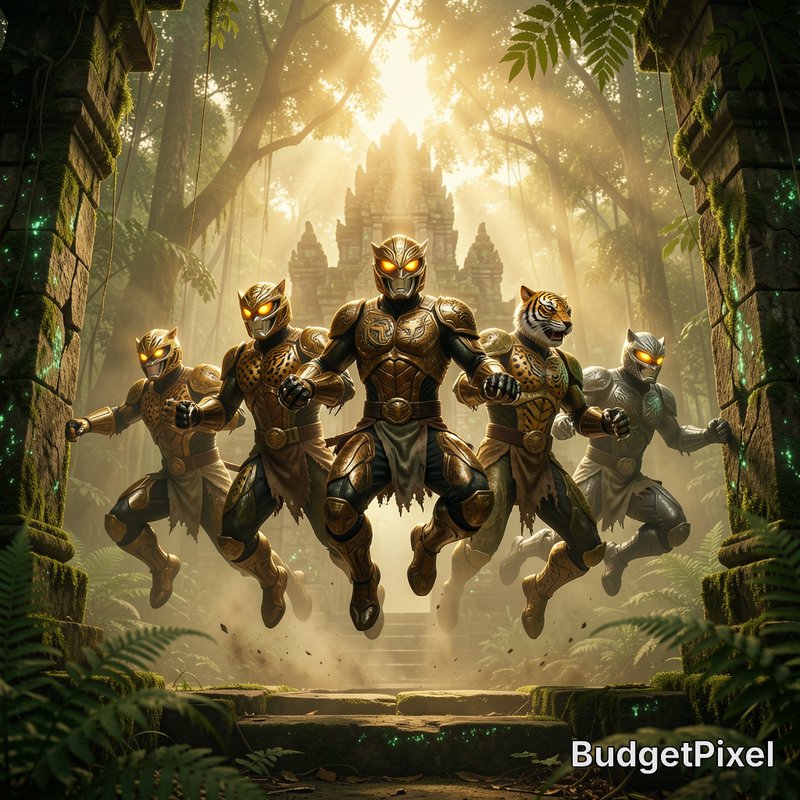 Five animal-themed armored warriors leap through mossy ancient temple gates in a sunlit misty rai...