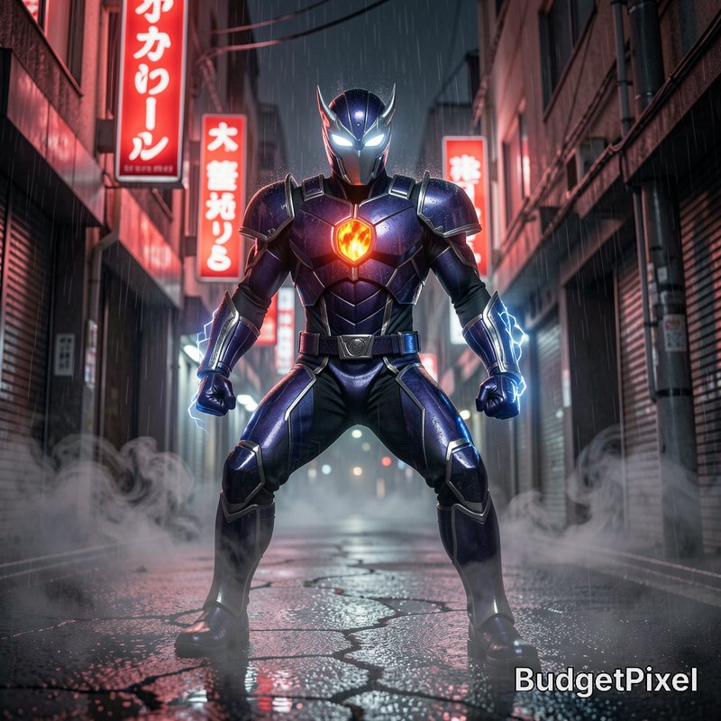 Armored tokusatsu superhero stands in a rainy neon Tokyo alley, glowing eyes and lightning crackling from his gauntlets in...