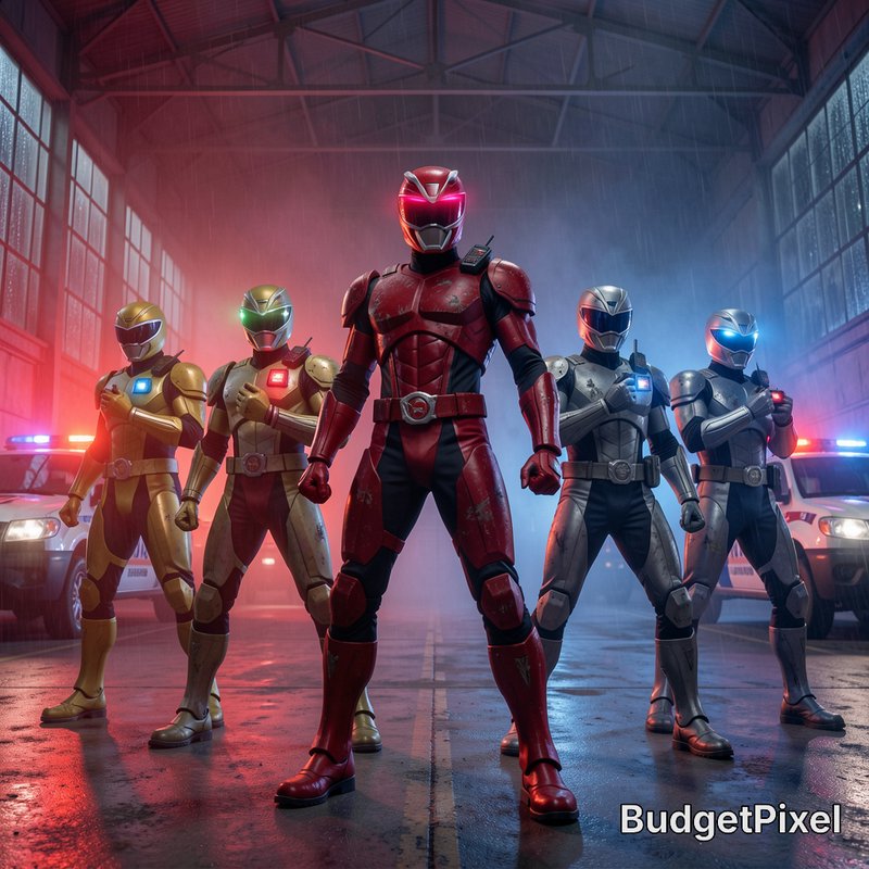 Five armored Power Rangers-style superhero team stands ready in a misty rainy industrial warehous...