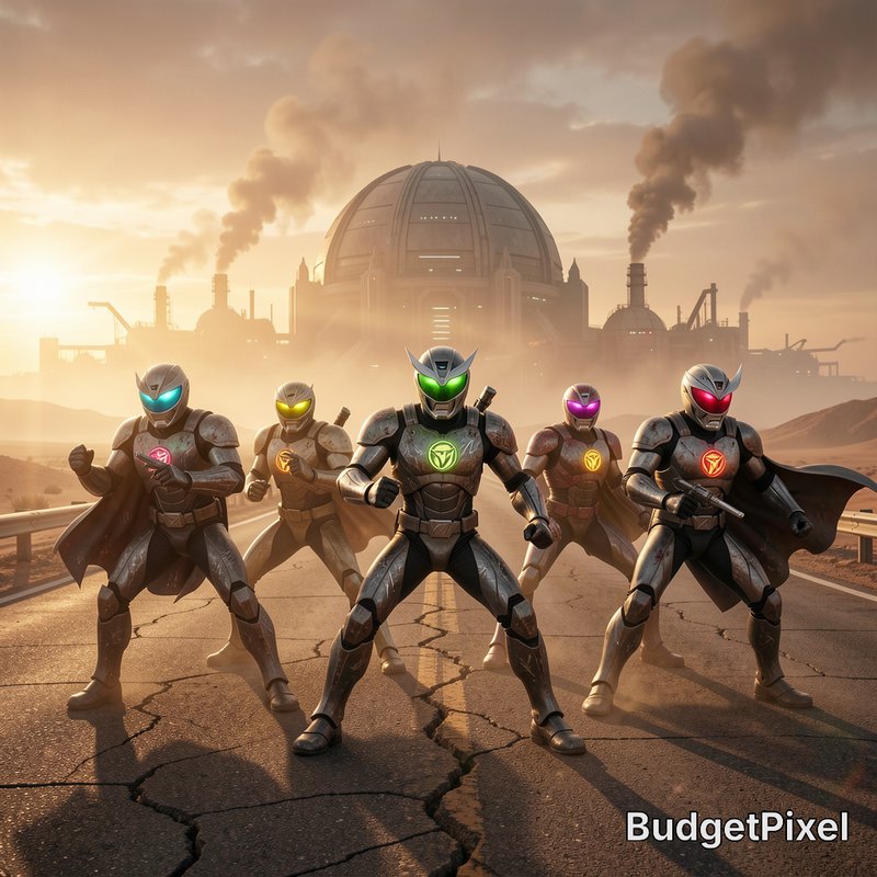Five armored sci-fi superheroes stand in battle formation on a cracked desert highway, smoking in...