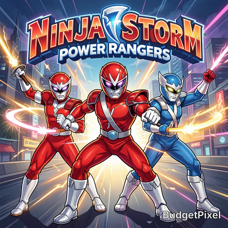 Cartoon illustration of Ninja Storm Power Rangers, three armored heroes holding glowing weapons i...
