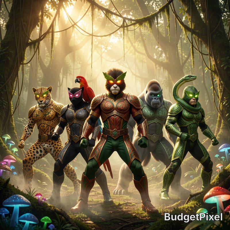 Armored anthropomorphic jungle animal superhero team stands battle-ready in a sunlit magical rain...