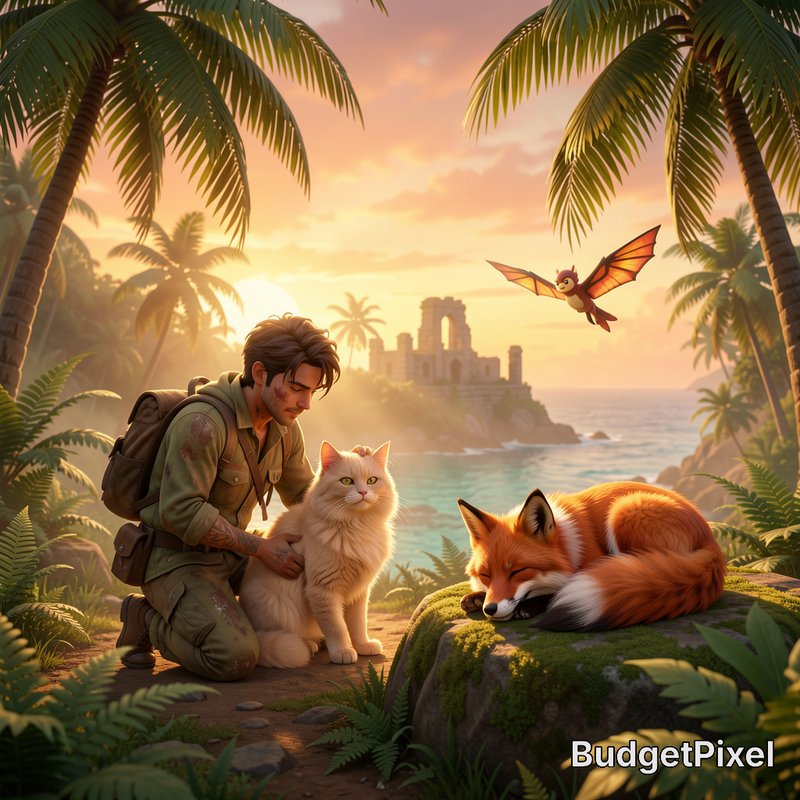 Explorer kneels petting a fluffy white cat, with a resting red fox, on a tropical fantasy island ...