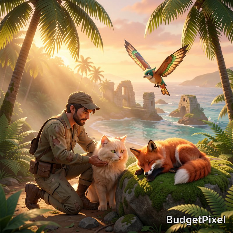Explorer kneels petting a fluffy white cat, beside a resting red fox, as a colorful bird hovers o...