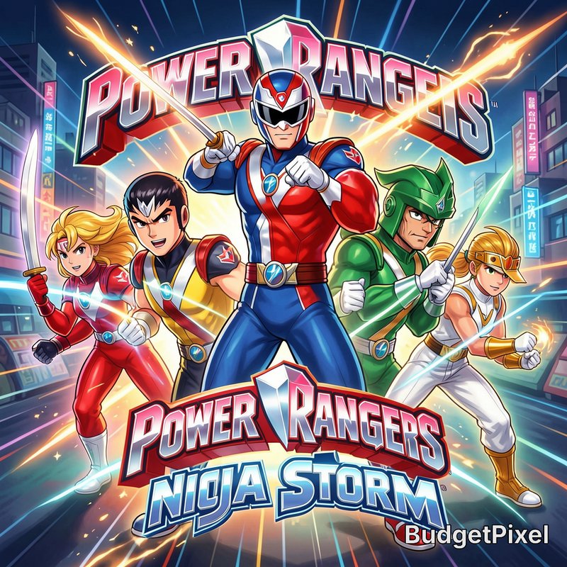 Anime-style Power Rangers team in battle stance with energy swords, against a glowing neon city f...