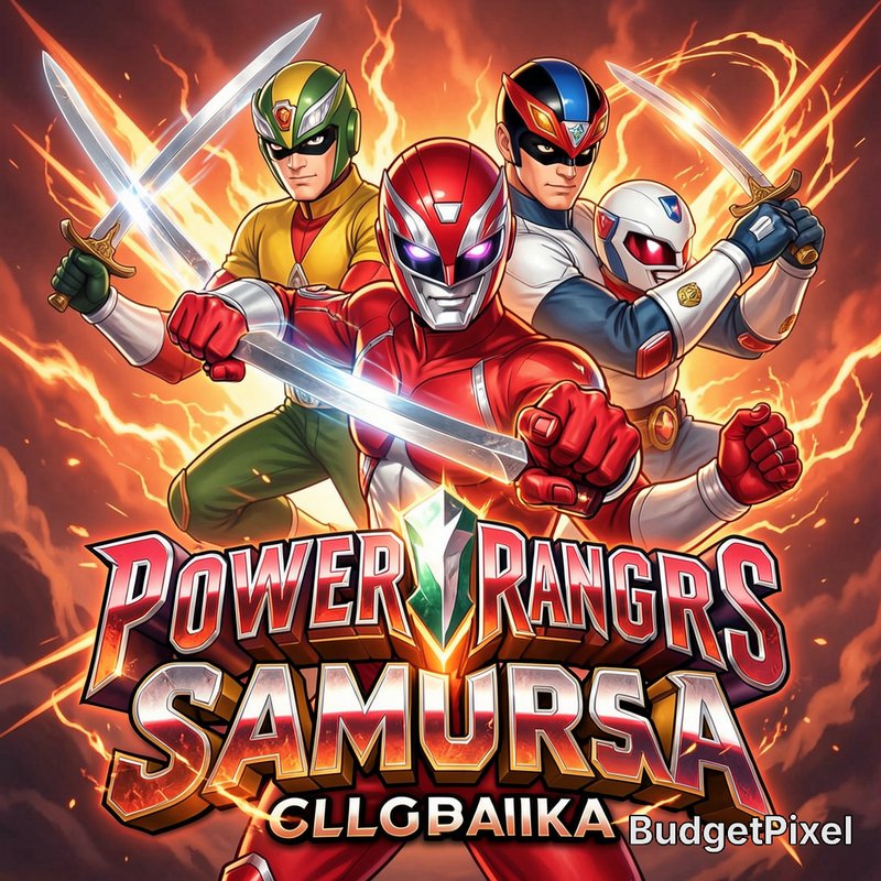 Anime-style parody Power Ranger superhero team wielding swords, posed against a fiery lightning b...