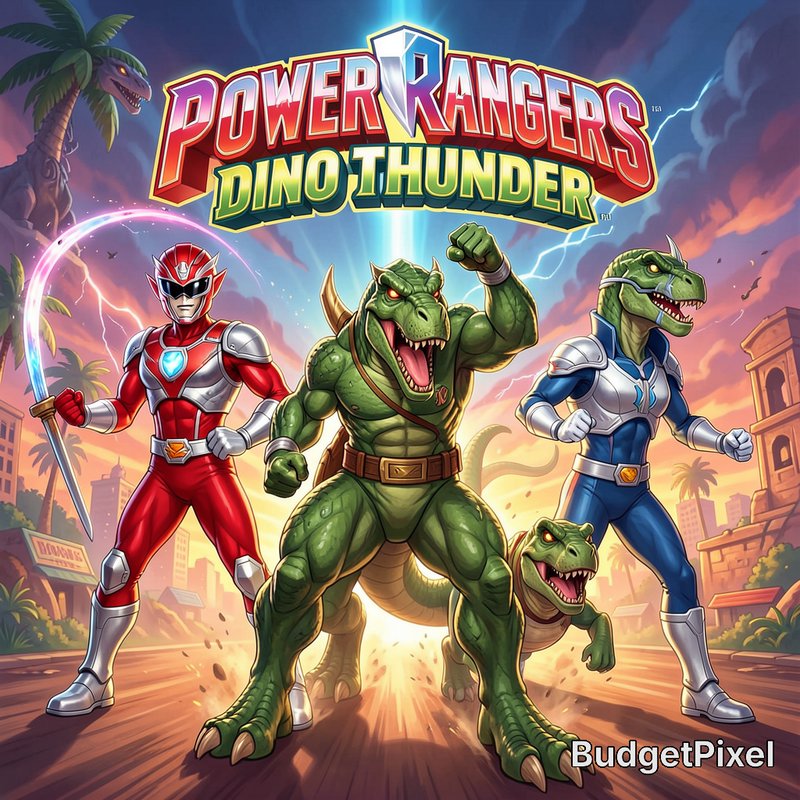 Power Rangers Dino Thunder fan art showing armored rangers and dinosaur heroes posed heroically o...