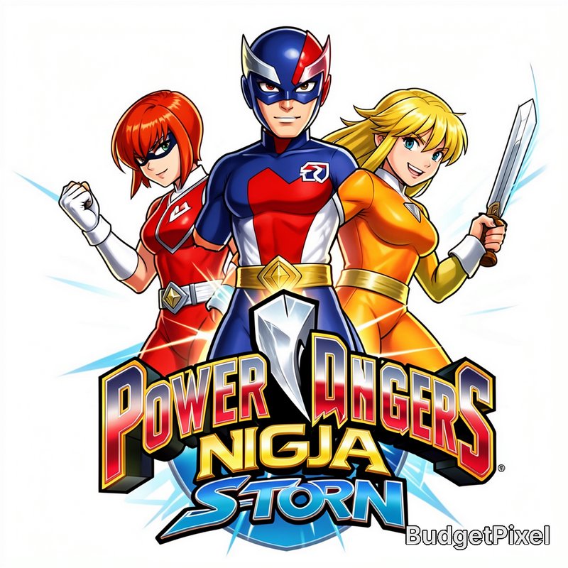 Anime fan art of three tokusatsu superhero rangers posed above a stylized Power Rangers Ninja Sto...