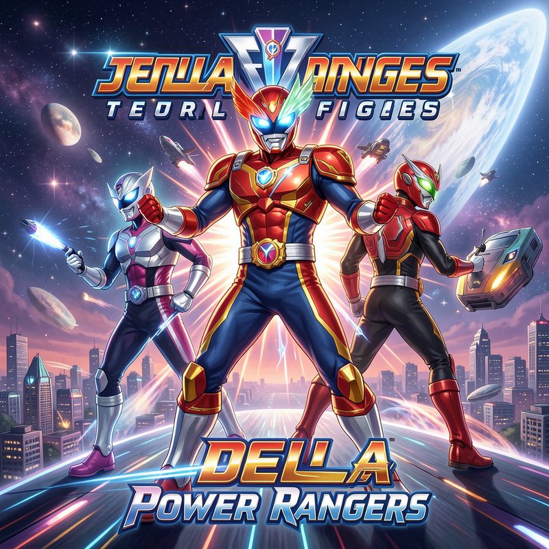 Three armored Power Rangers-style tokusatsu heroes pose heroically above a neon futuristic city u...