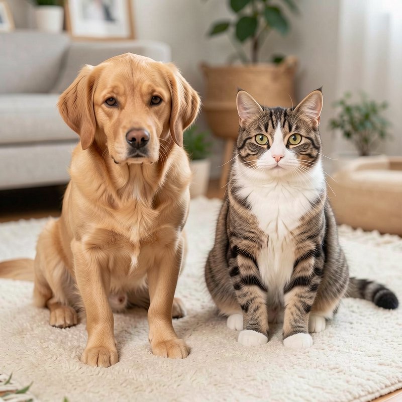 Golden retriever and tabby-and-white cat sit side by side on a fluffy rug in a bright cozy living...