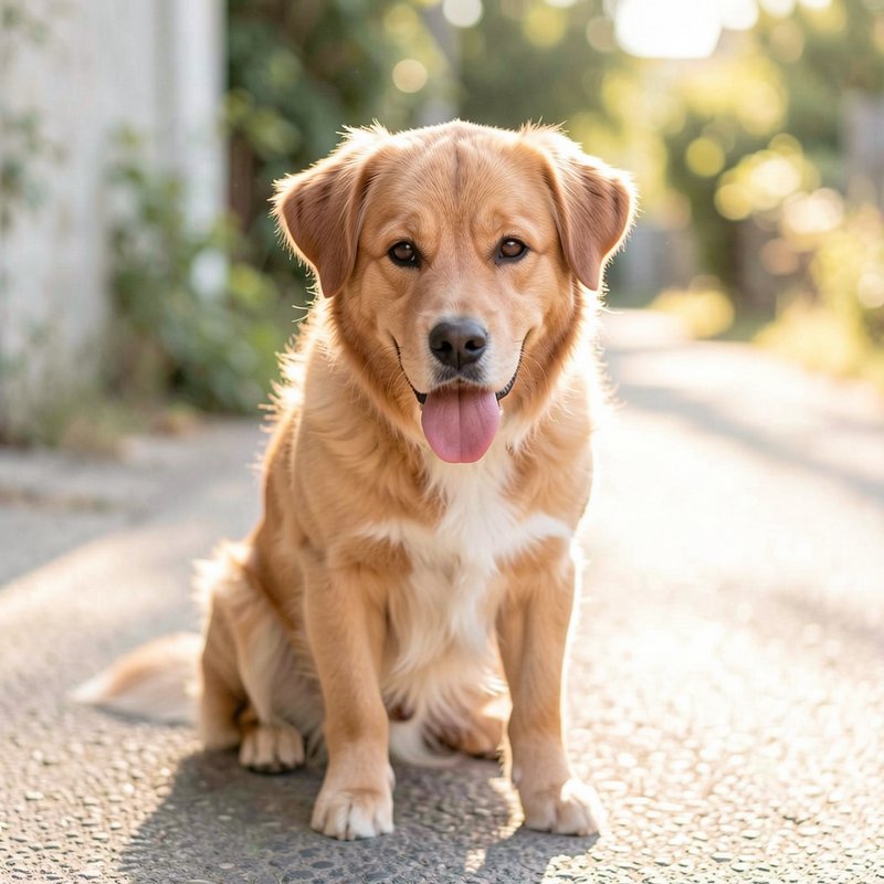 Fluffy golden mixed breed dog sits panting on a sunlit residential path looking directly at the c...