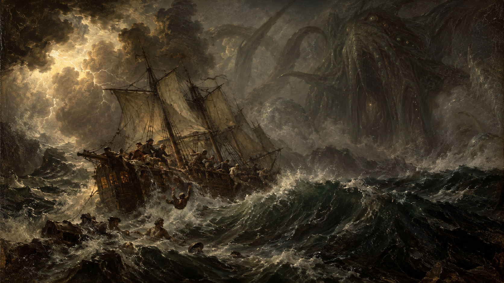 Wooden tall ship struggles in roiling storm waves as a giant tentacled sea leviathan looms nearby