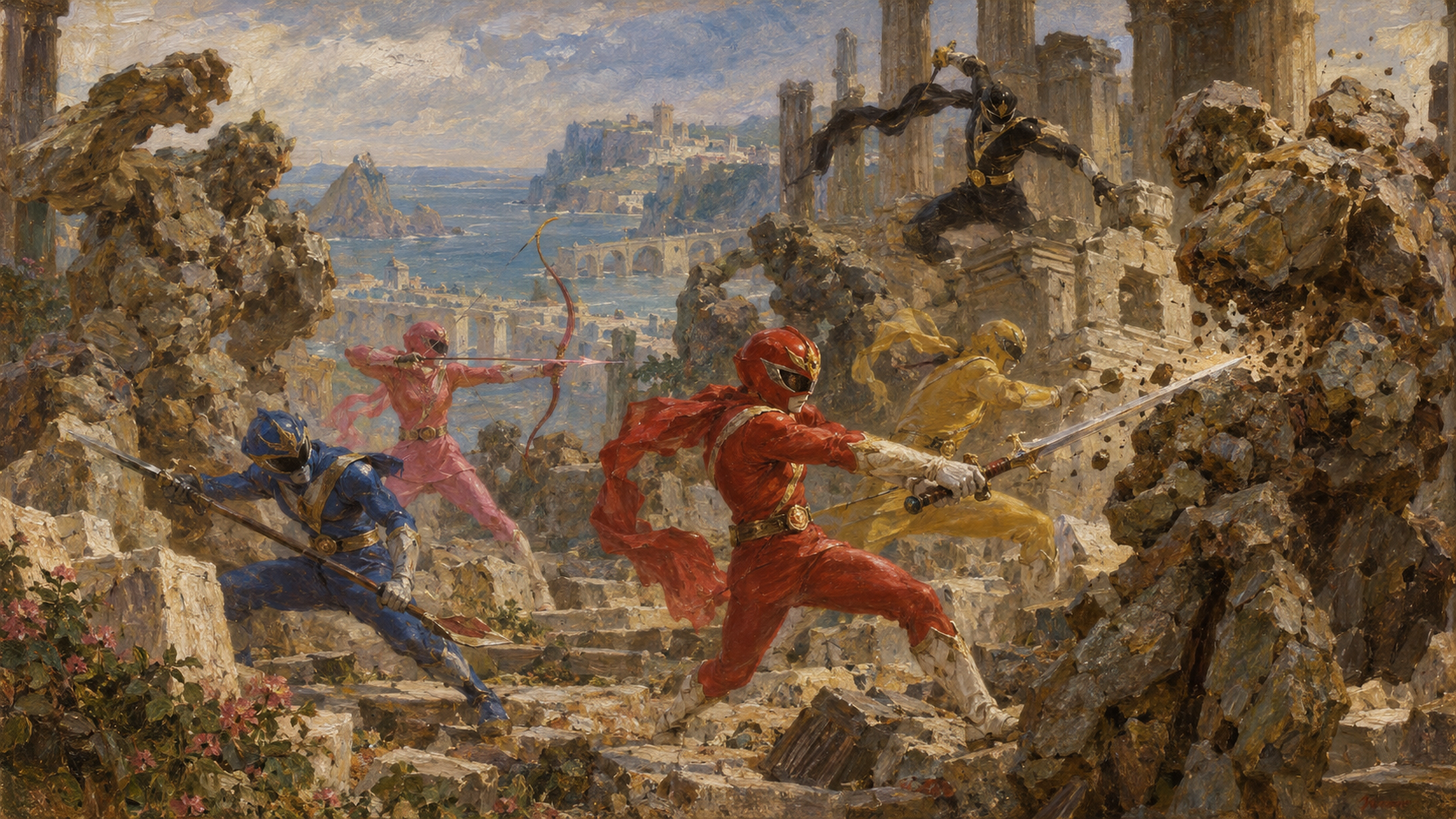 Mighty Morphin Power Rangers battle in ancient coastal ruins rendered in classical oil painting style