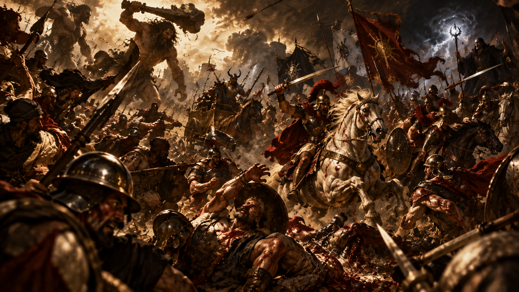 Chaotic mythic ancient battlefield clash between armored warriors, giant brutes, and a mounted commander under stormy skies