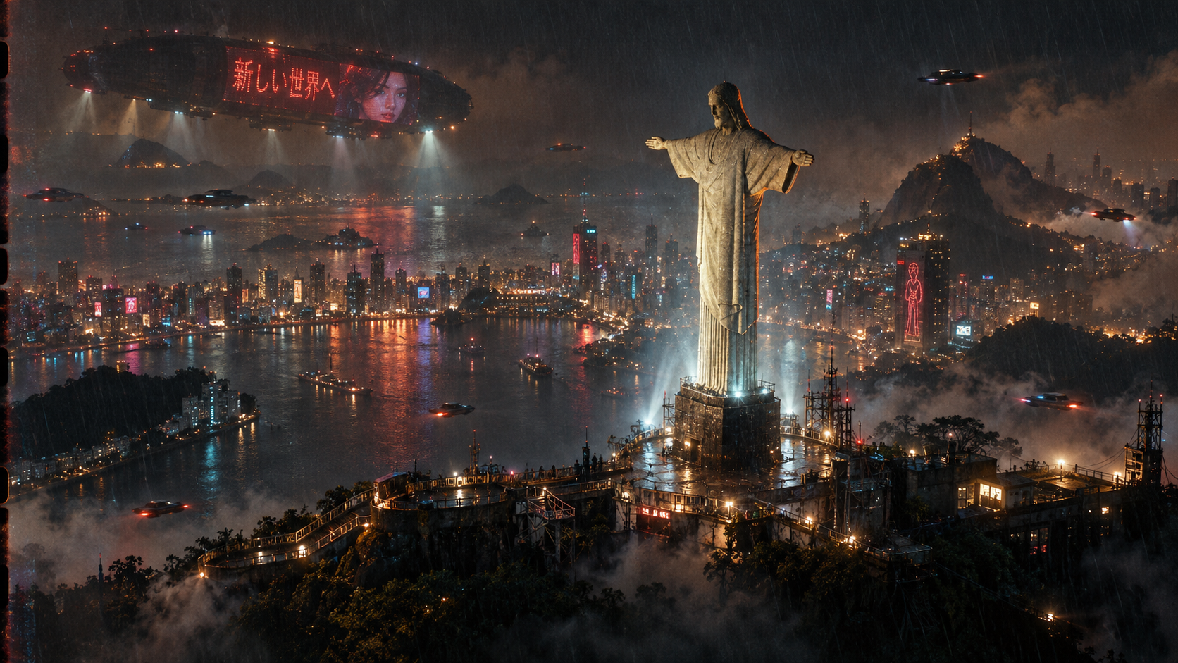 Futuristic cyberpunk Rio de Janeiro skyline featuring Christ the Redeemer and floating airships on a rainy misty night