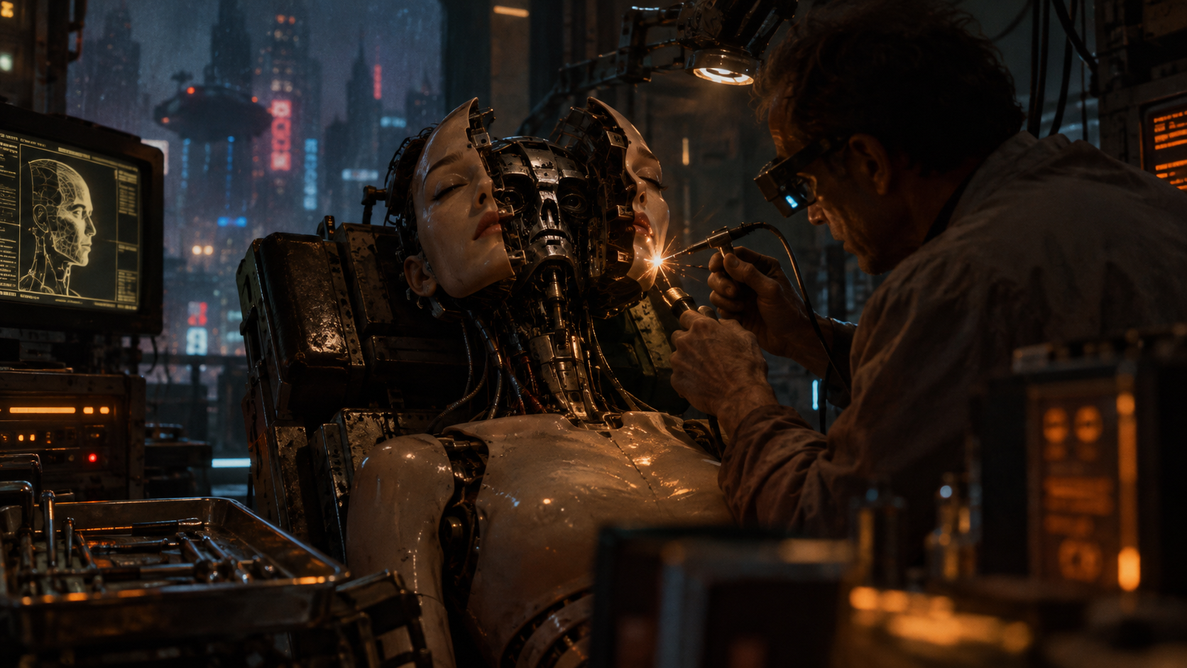 Technician soldering a partially disassembled female android in a gritty cyberpunk workshop