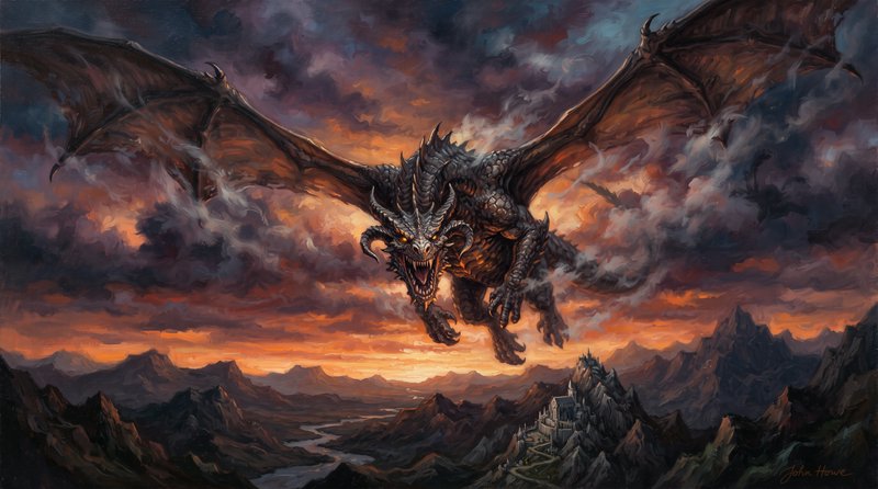 Menacing scaled horned ancient dragon flies toward the viewer with spread wings, above a mountain fortress at a fiery