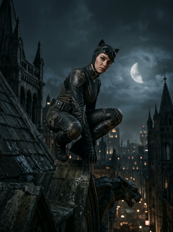 Catwoman in a patched black leather suit crouches on a gothic rooftop gargoyle ledge under a cloudy crescent moon night sky.