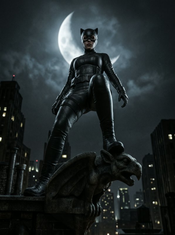 Catwoman in a black leather catsuit perches atop a stone gargoyle on a Gotham rooftop under a glowing crescent night moon.