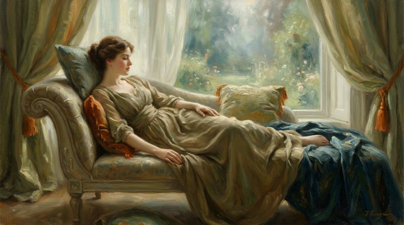 Impressionist oil painting of an elegant Edwardian woman reclining on a chaise lounge beside a sunlit garden window