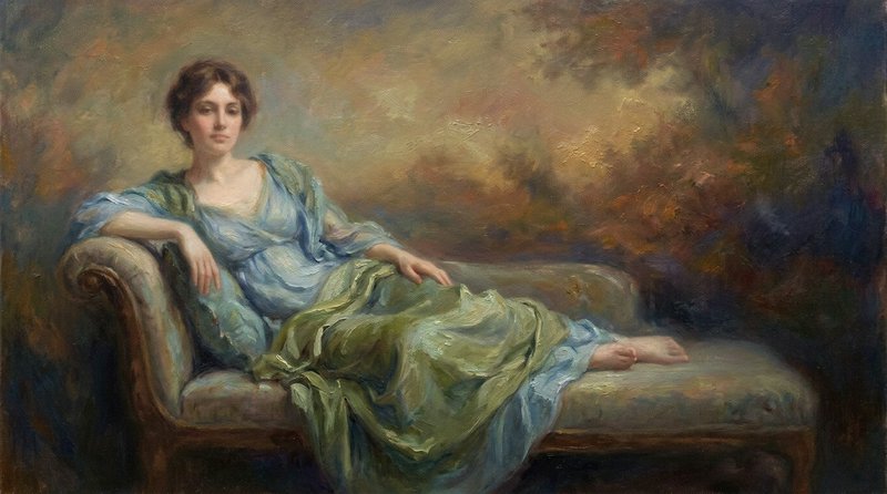 Impressionist oil portrait of an elegant Edwardian woman reclining on a vintage upholstered chaise lounge